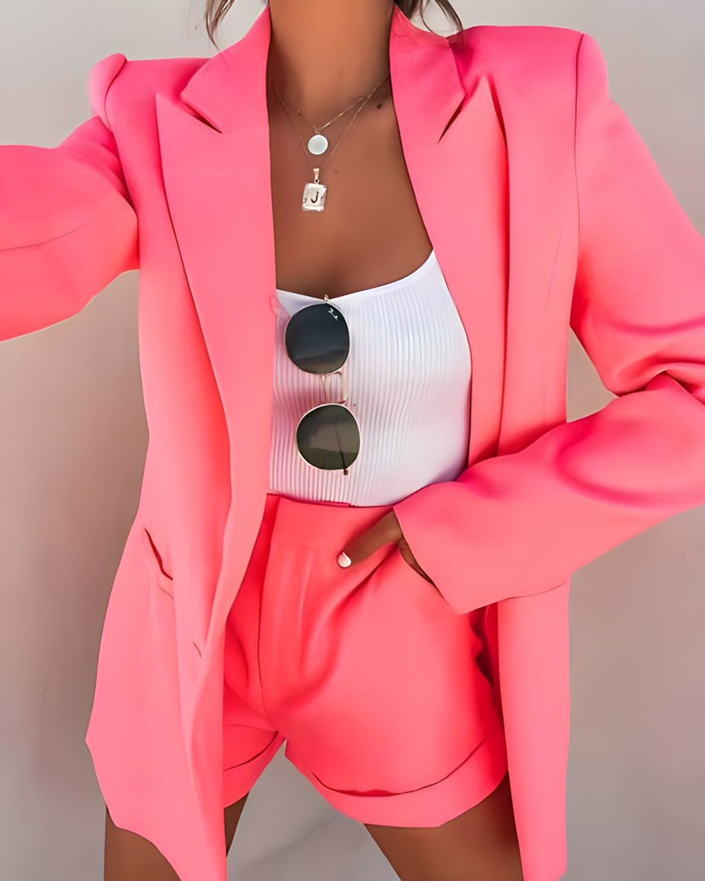Blazer Set - Polyester Blend Tailored Lapel & Clean Waist