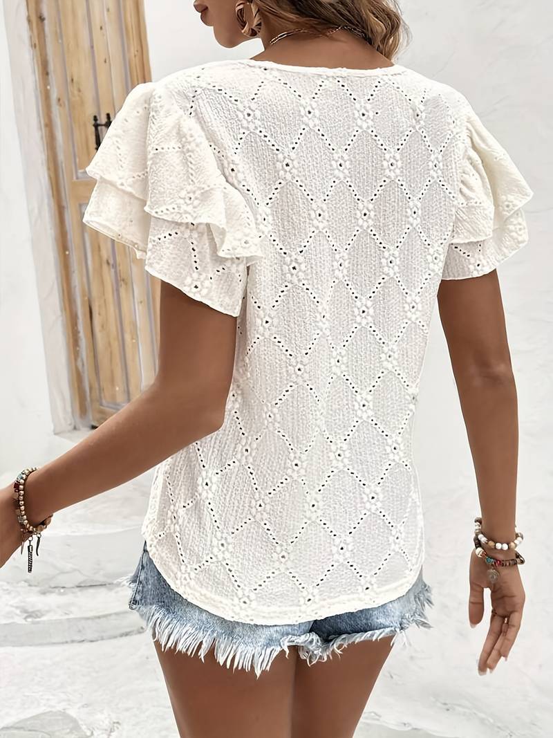 Blouse - Embroidered Ruffle Front And Soft Drape Movement