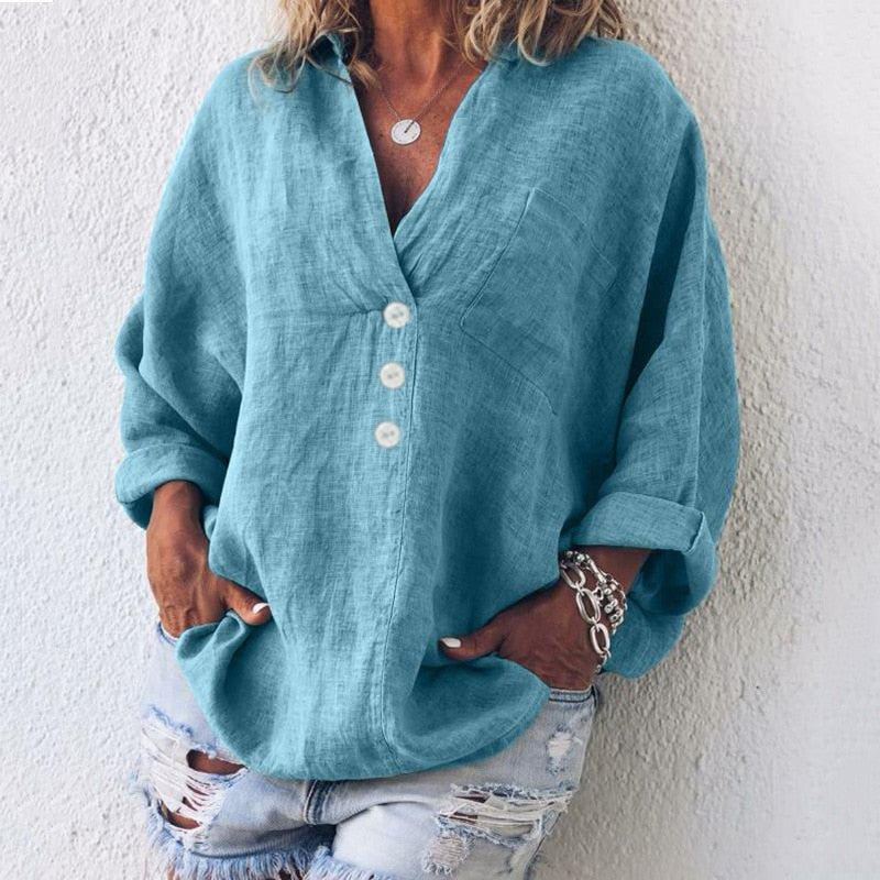 Blouse - Flax Blend Long Sleeve & Breathable Soft Drape