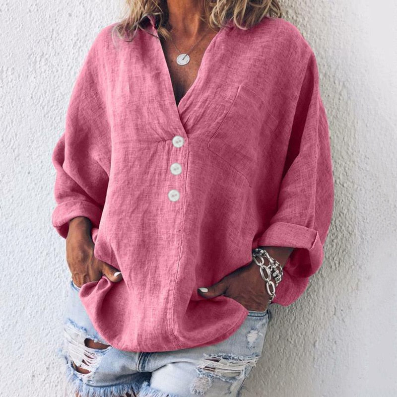 Blouse - Flax Blend Long Sleeve & Breathable Soft Drape