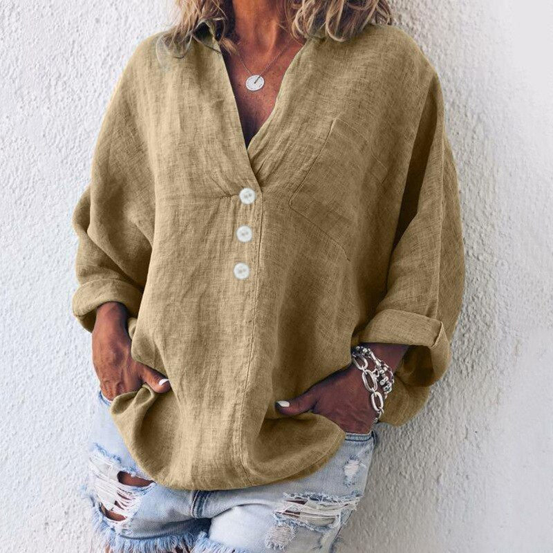 Blouse - Flax Blend Long Sleeve & Breathable Soft Drape
