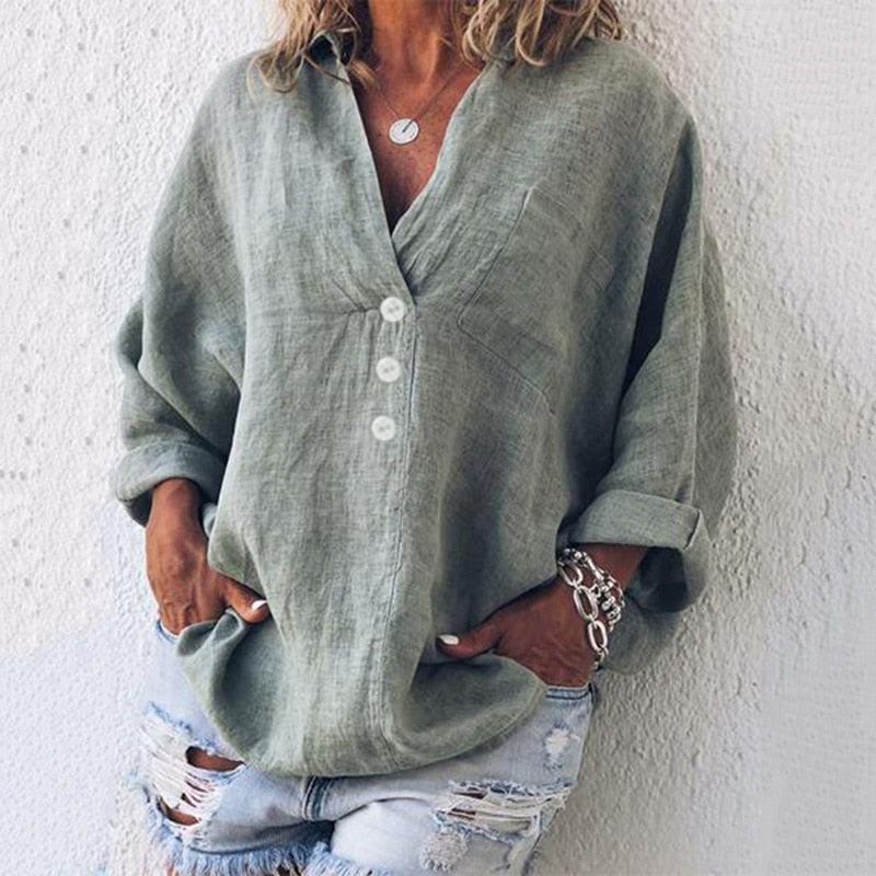 Blouse - Flax Blend Long Sleeve & Breathable Soft Drape
