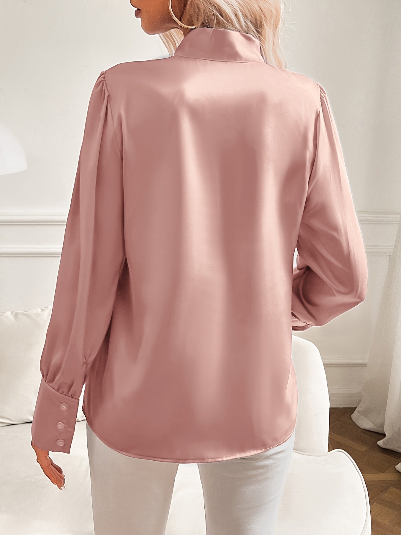 Blouse - Loop Collar Puff Sleeves And Flowy Shape For Ease