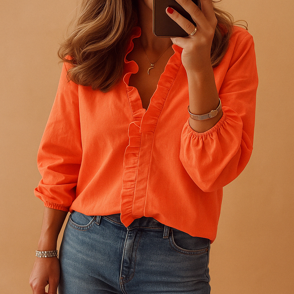 Blouse - Polyester Blend Ruffle Neckline And Tailored Fit