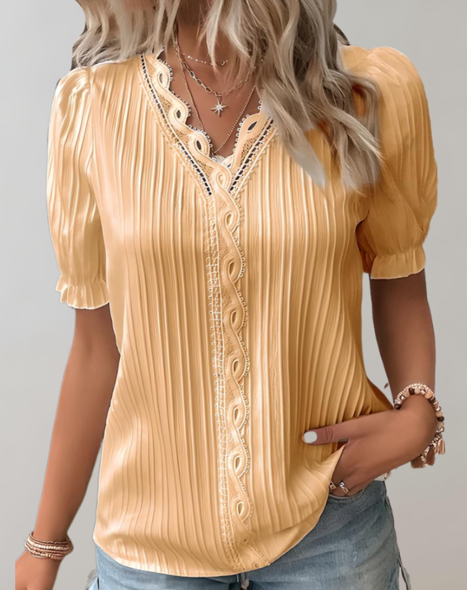 Blouse - Puff Sleeves And Lace Panels For Breezy Fit