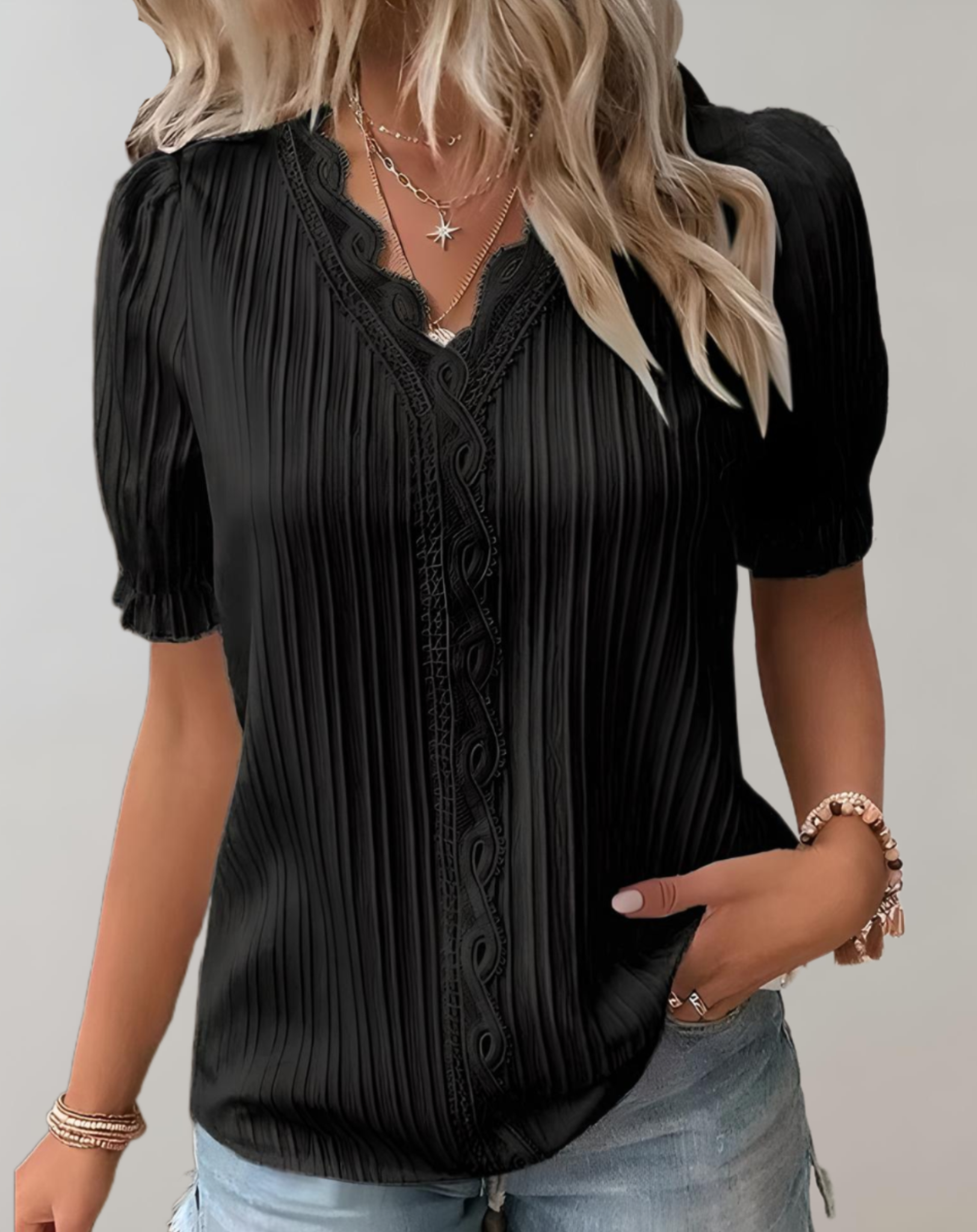 Blouse - Puff Sleeves And Lace Panels For Breezy Fit