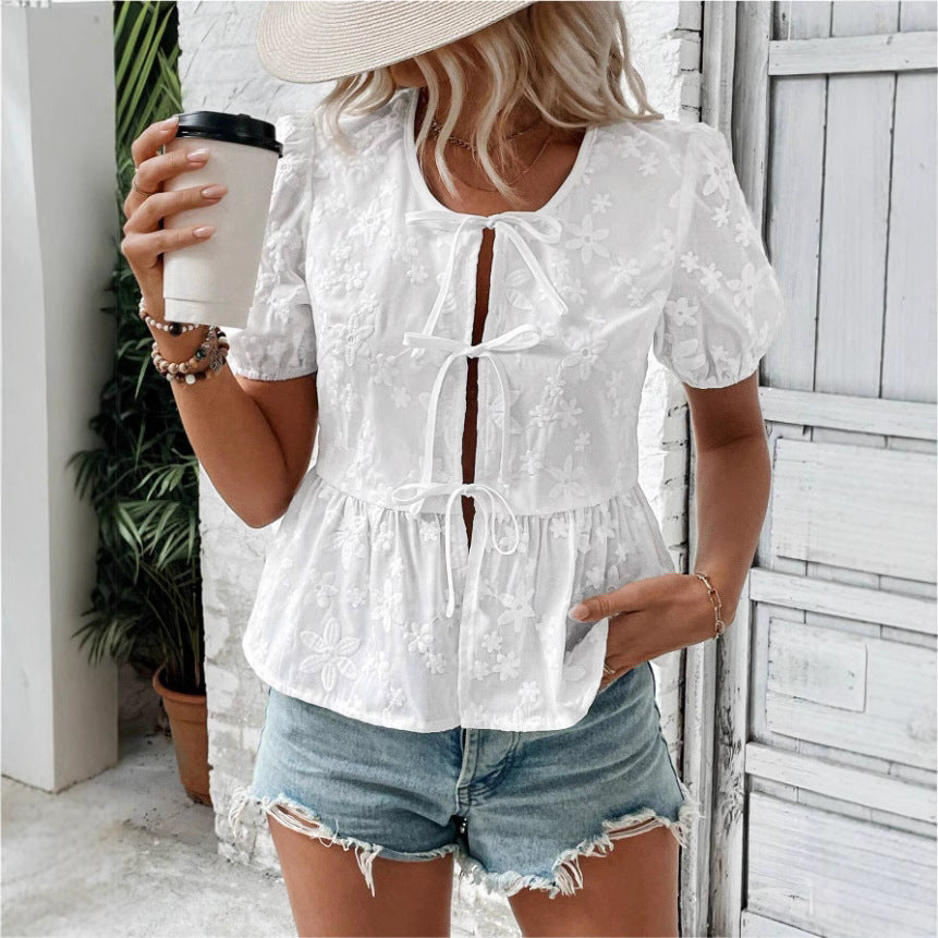 Blouse - Puff Sleeves And Peplum Waist Adjustable Tie