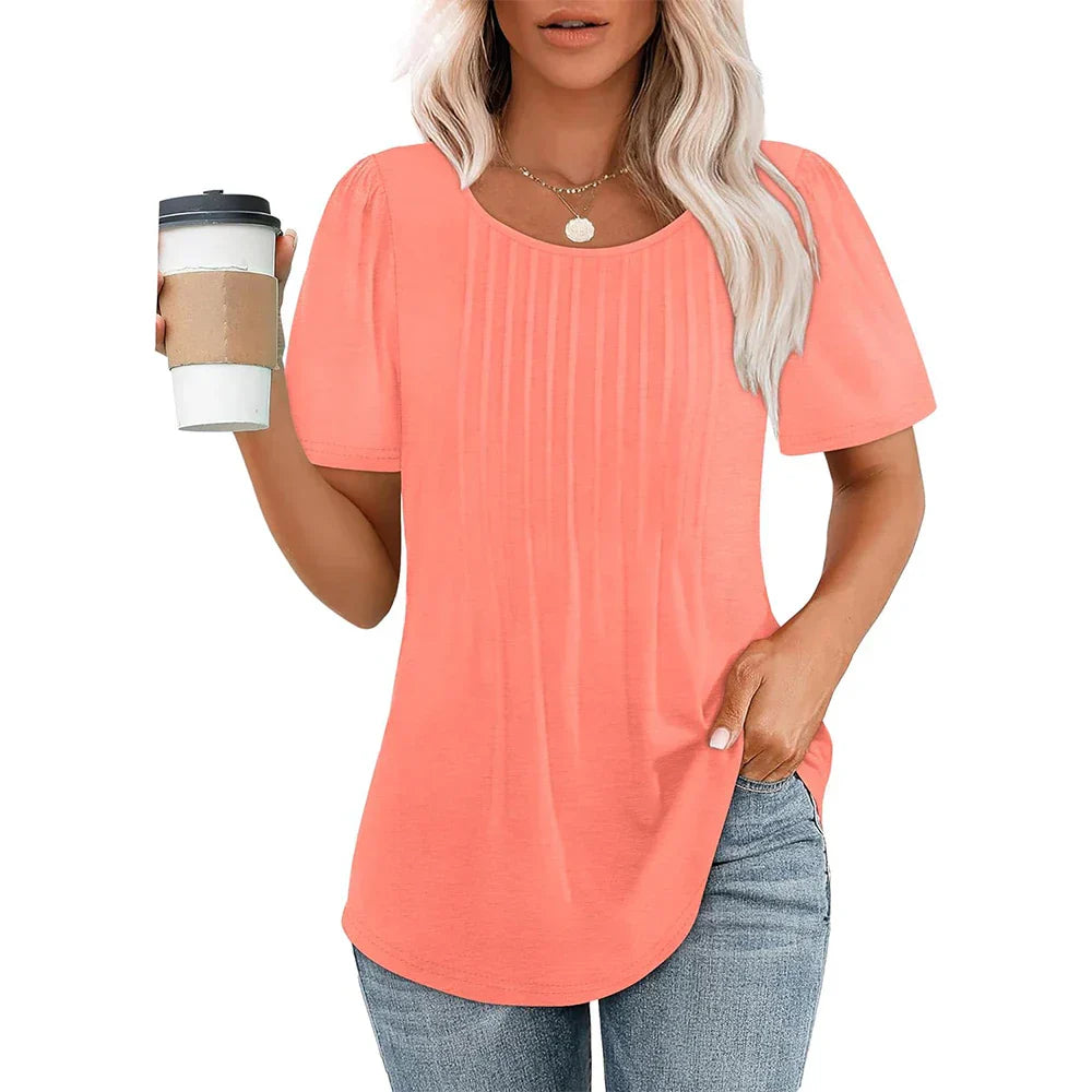 Blouse - Puff Sleeves And Pleated Front For Shaped Fit