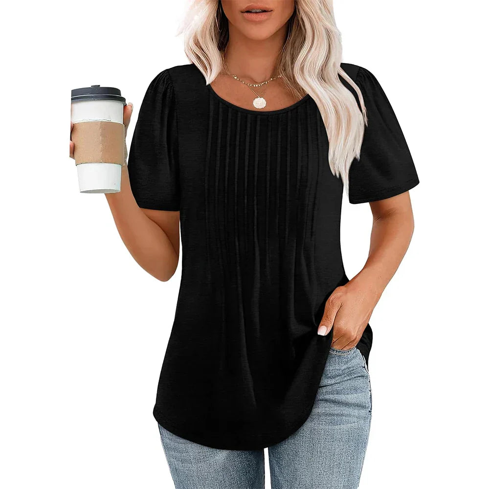 Blouse - Puff Sleeves And Pleated Front For Shaped Fit