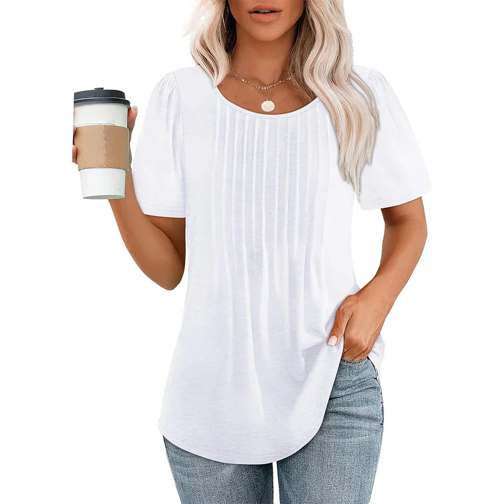 Blouse - Puff Sleeves And Pleated Front For Shaped Fit