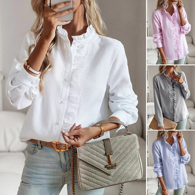 Blouse - Ruffle Front And Button Closure For Easy Wear