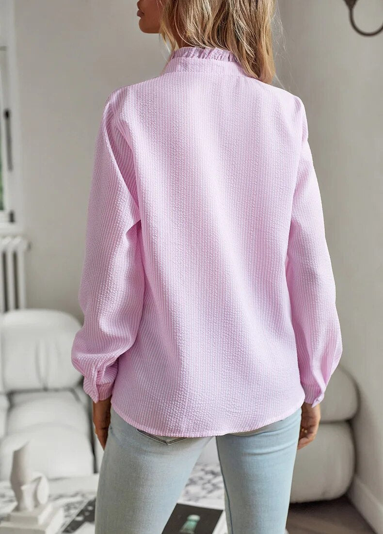 Blouse - Ruffle Front And Button Closure For Easy Wear