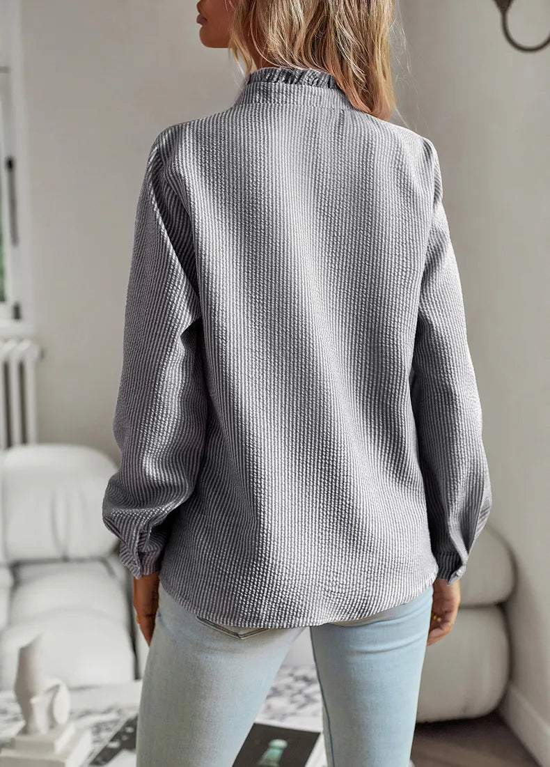 Blouse – Ruffle Trim And Stripe Pattern & Breathable Fit