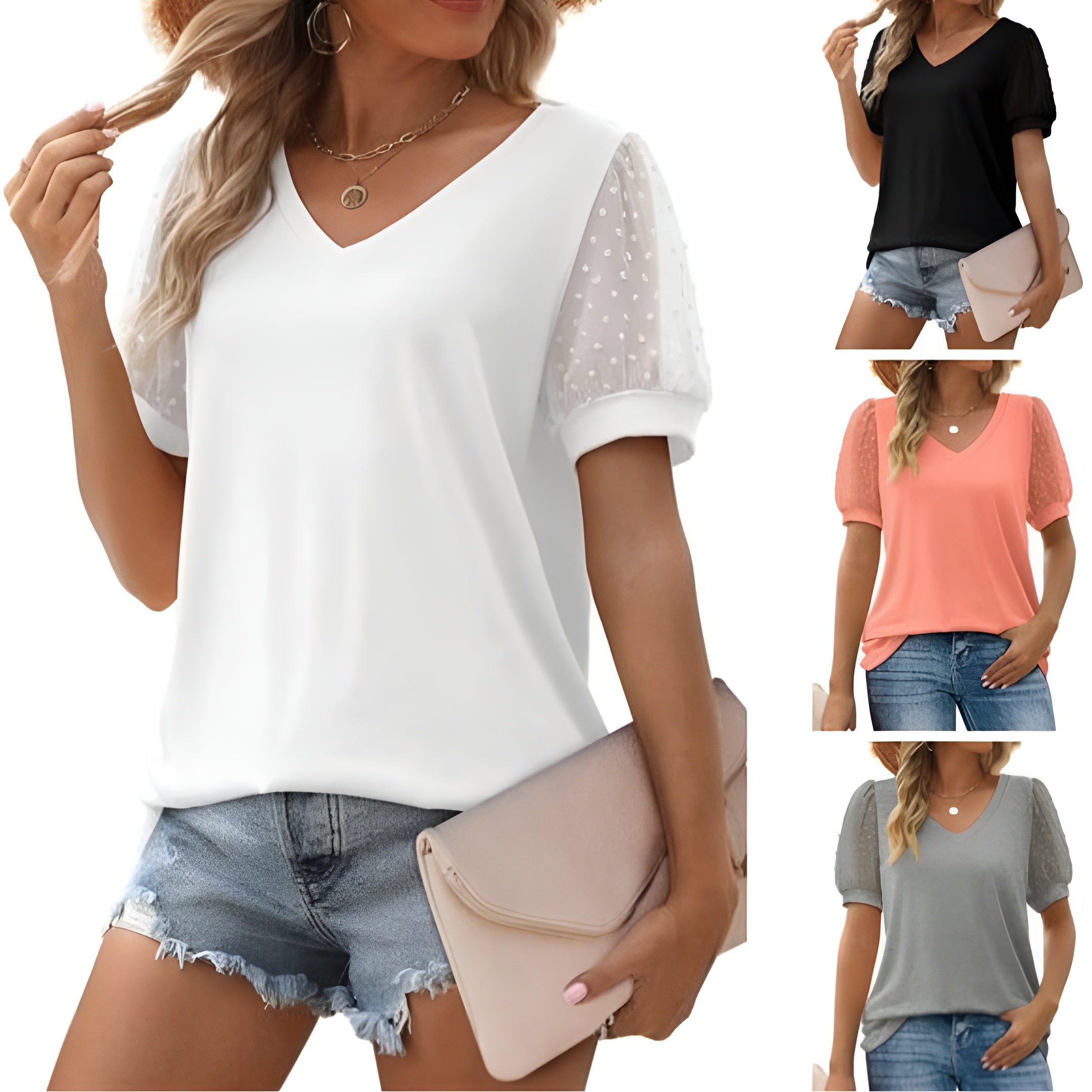Blouse - Sheer Mesh Front And Puff Sleeves For Easy Move
