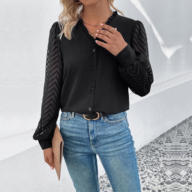 Blouse Soft Blend - V Neck Lace Insert & Relaxed Fit Ease