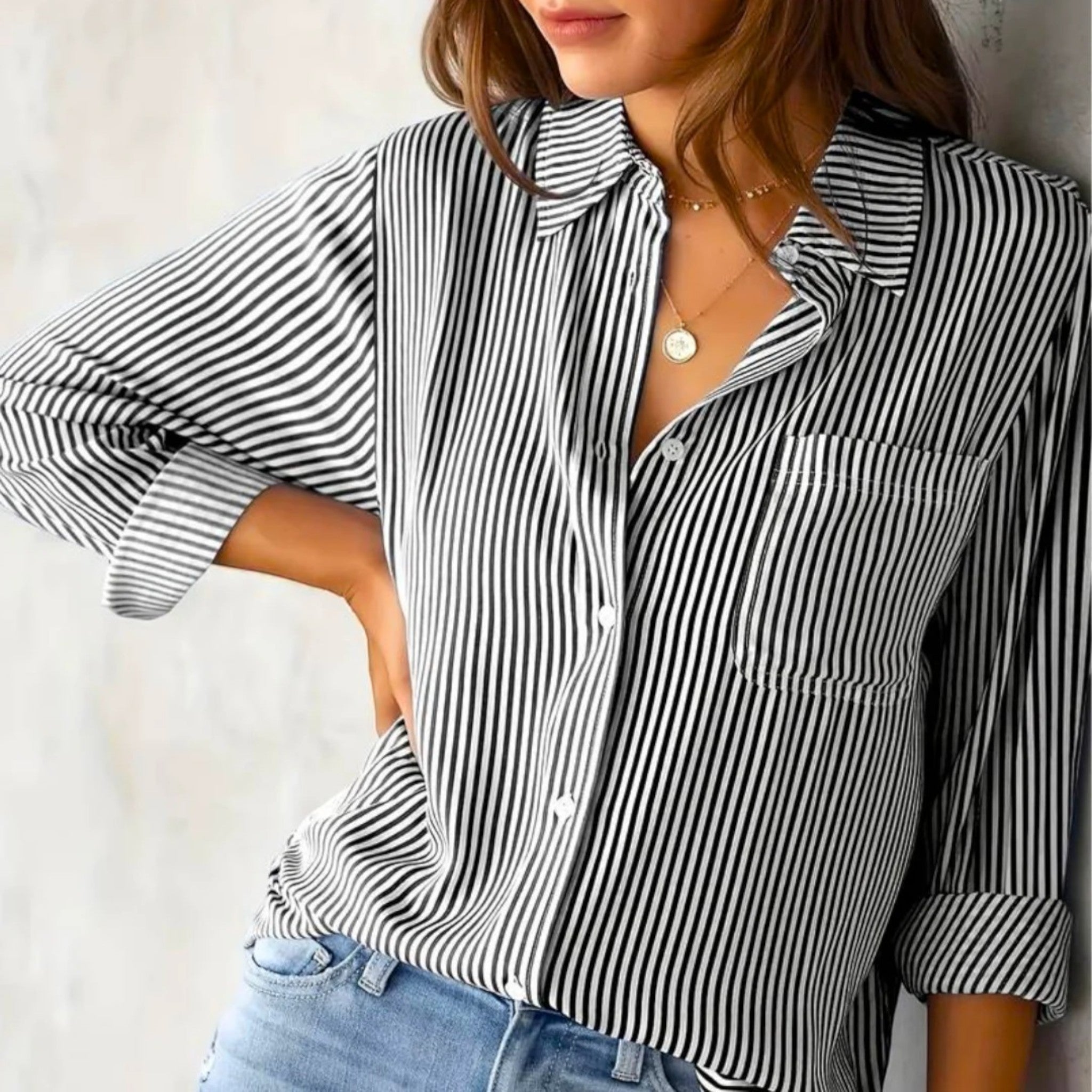Blouse - Striped Straight Cut Long Sleeves & Easy Layering