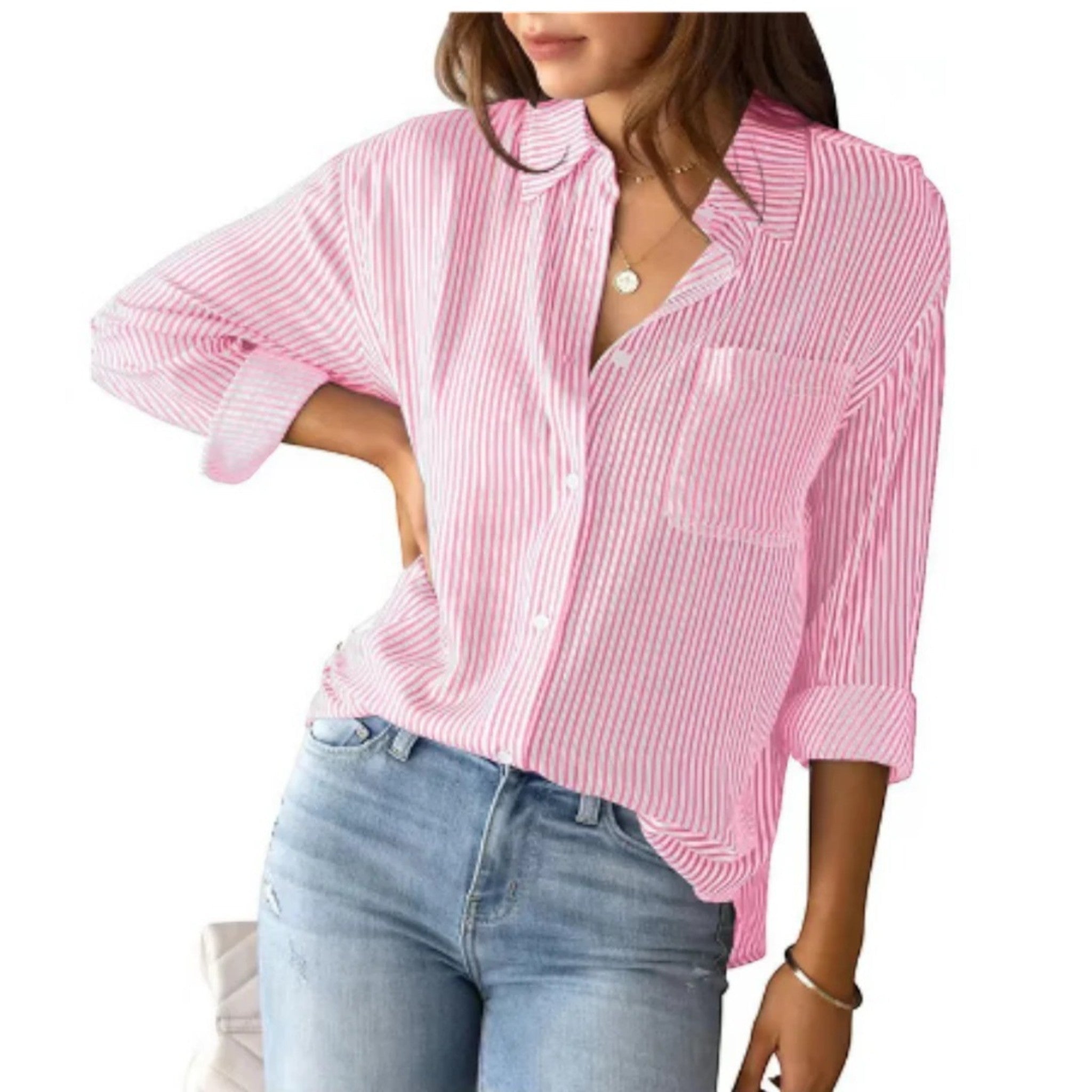 Blouse - Striped Straight Cut Long Sleeves & Easy Layering