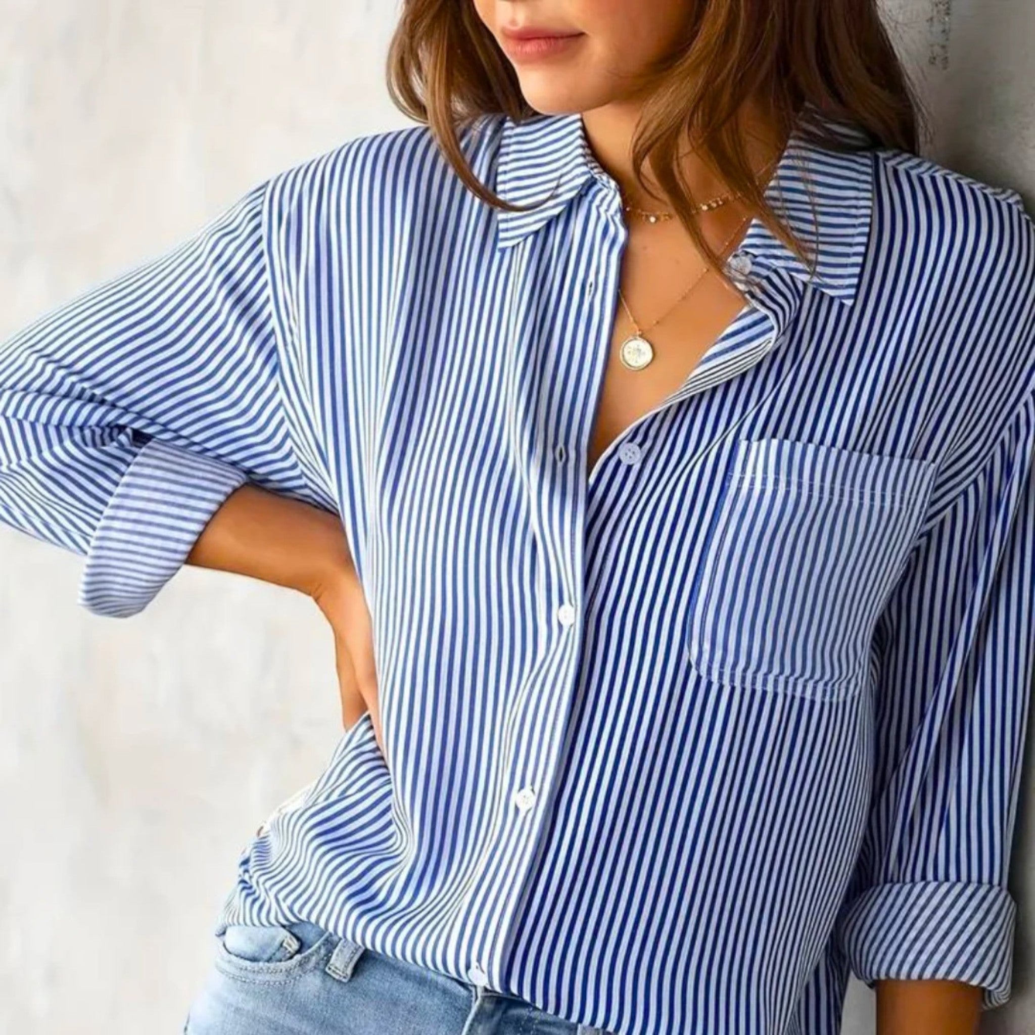 Blouse - Striped Straight Cut Long Sleeves & Easy Layering