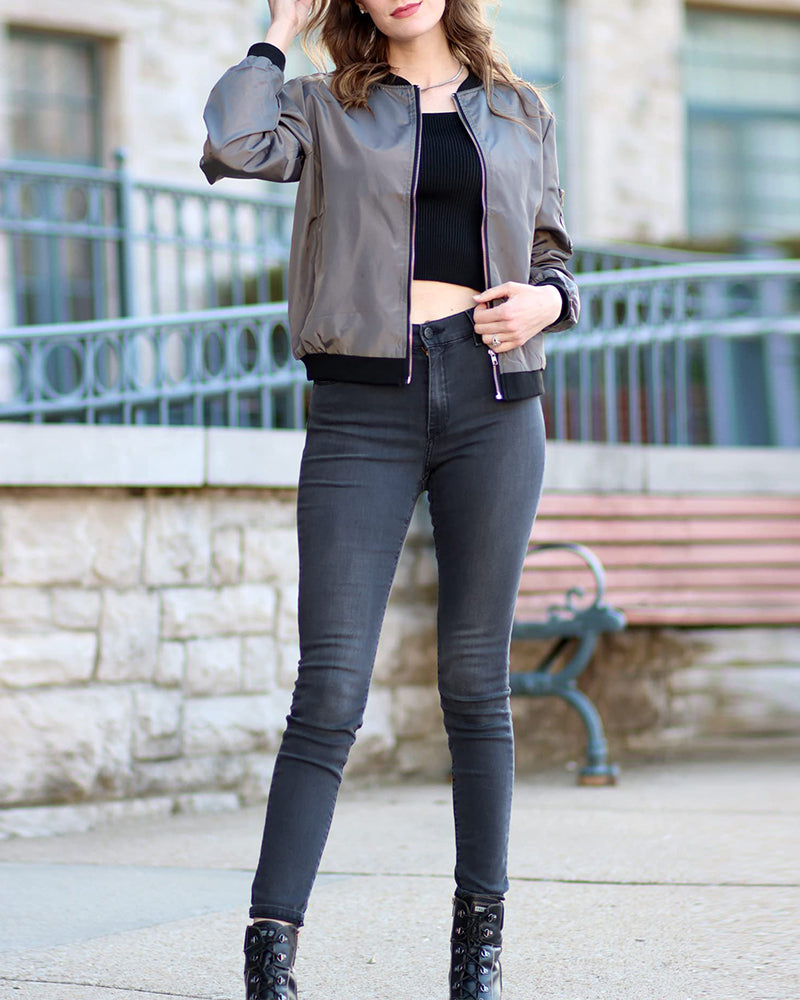 Bomber Jacket - Short Cut Zip Front & Ribbed Hem Fit