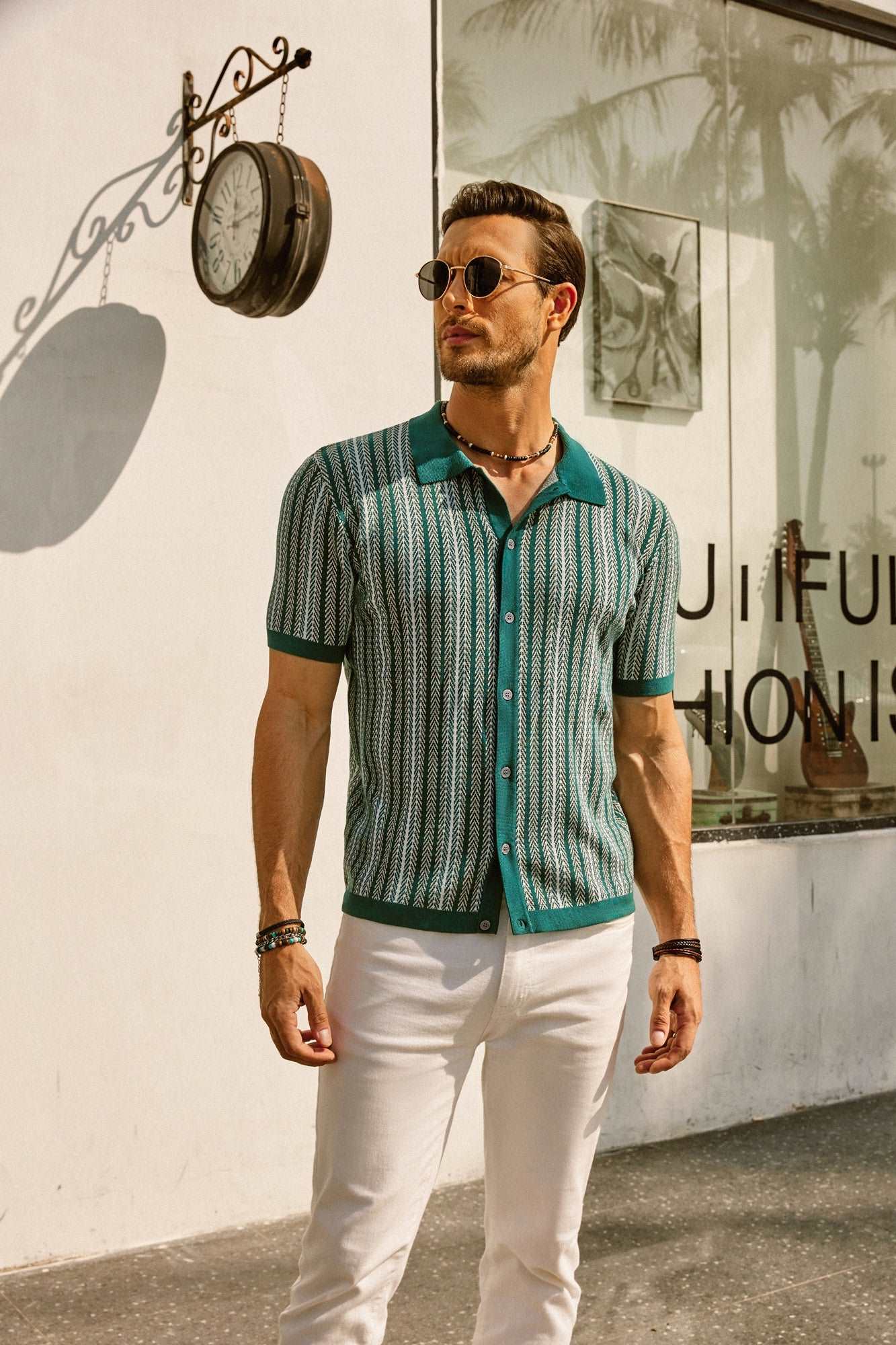 Button Polo Shirt - Vertical Stripes & Free Arm Movement