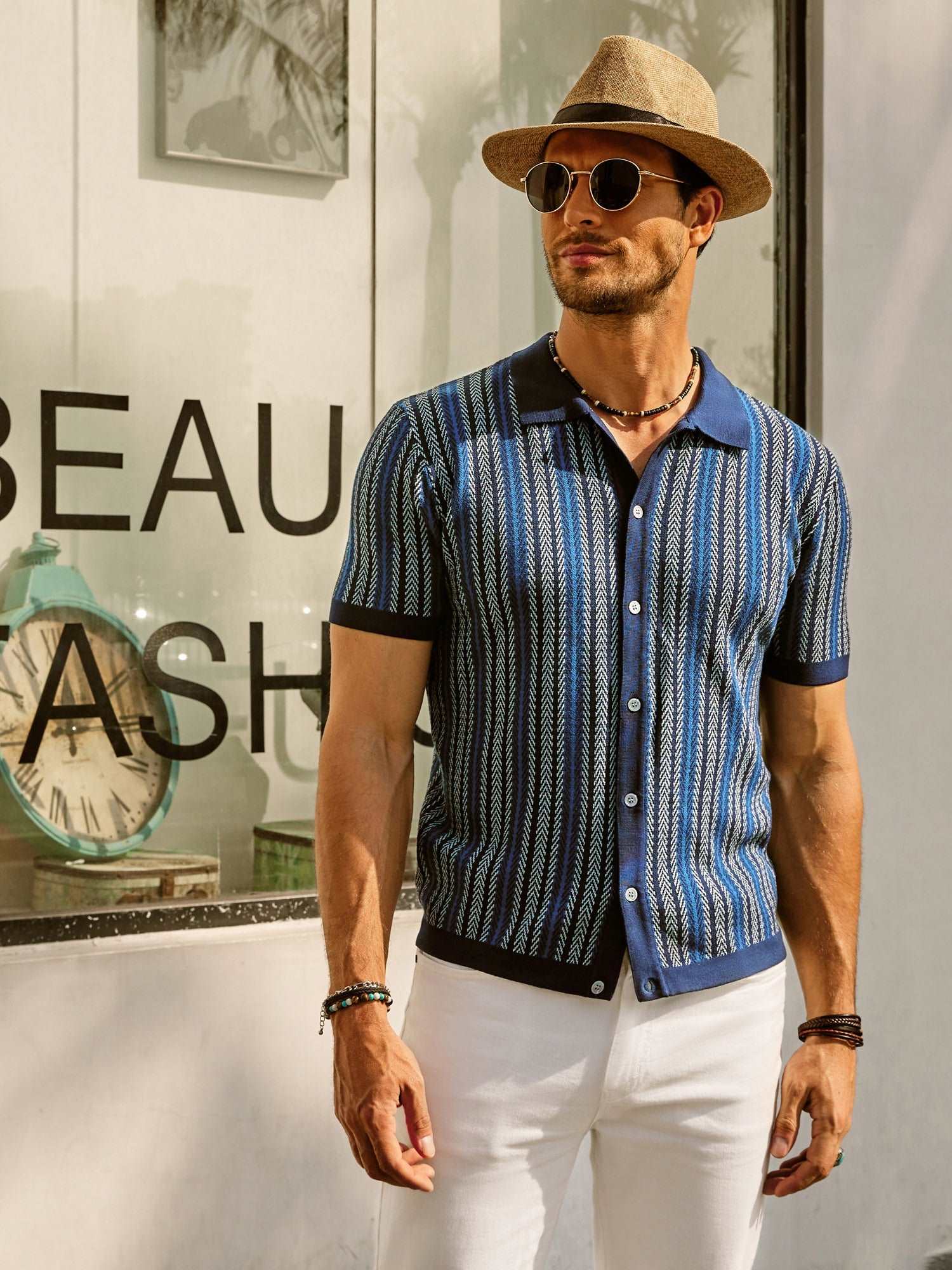 Button Polo Shirt - Vertical Stripes & Free Arm Movement