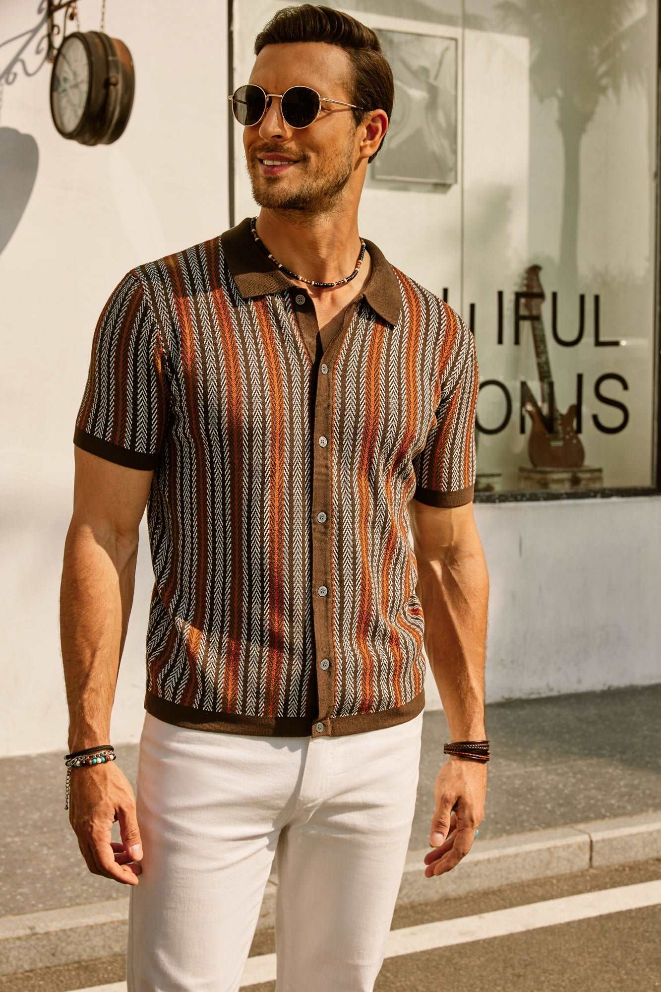 Button Polo Shirt - Vertical Stripes & Free Arm Movement