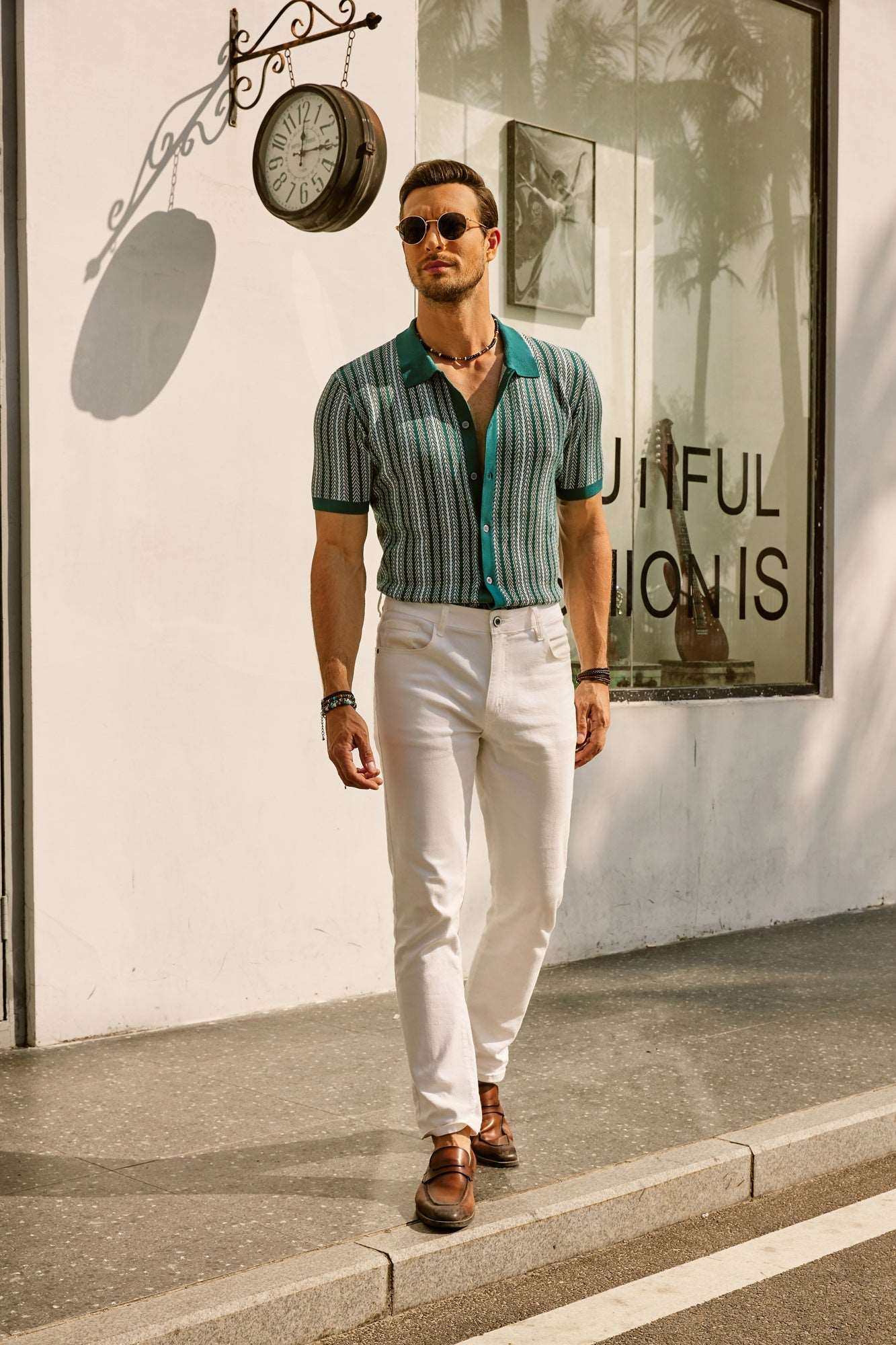 Button Polo Shirt - Vertical Stripes & Free Arm Movement