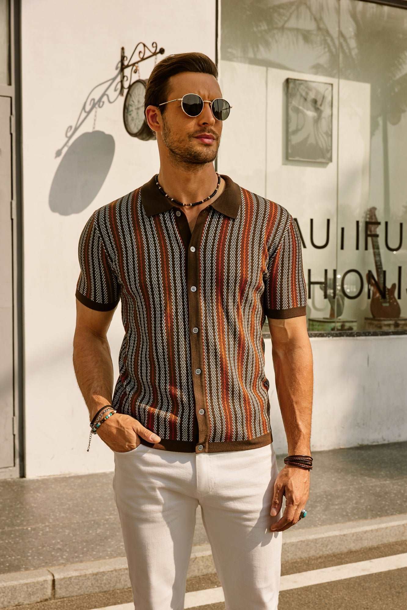 Button Polo Shirt - Vertical Stripes & Free Arm Movement