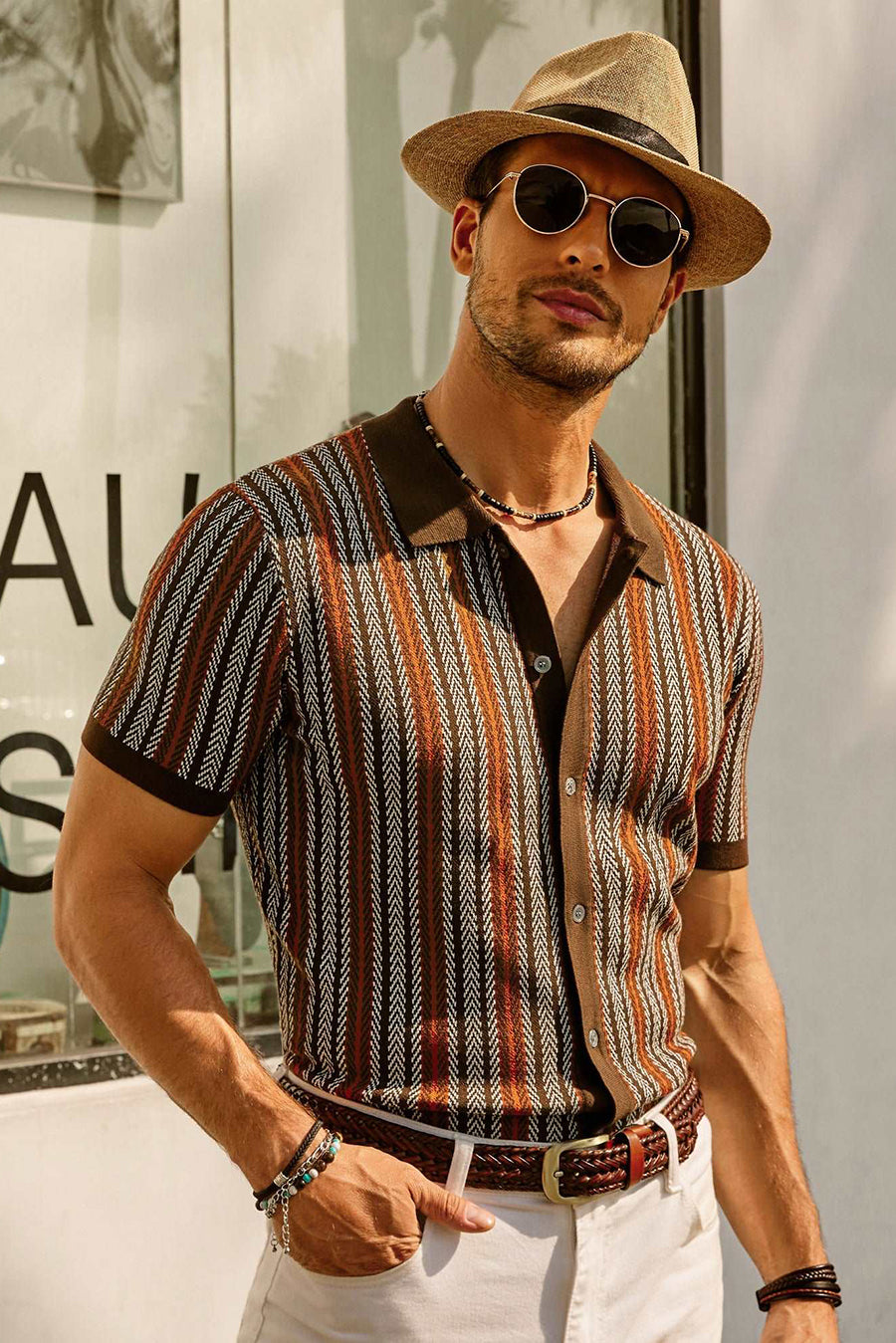 Button Polo Shirt - Vertical Stripes & Free Arm Movement