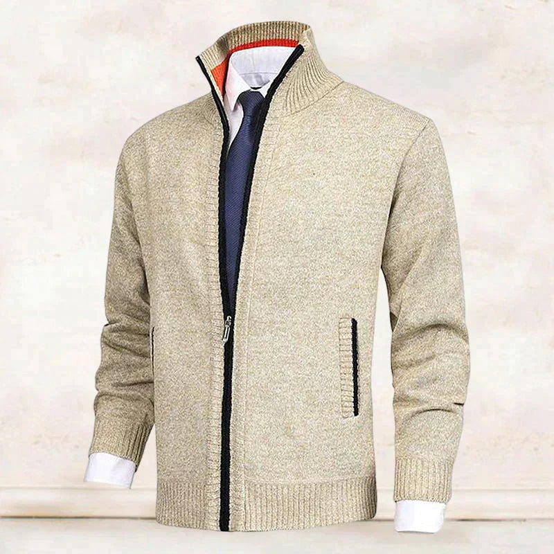 Cardigan - Knit Blend Stand Collar And Layered Neat Fit