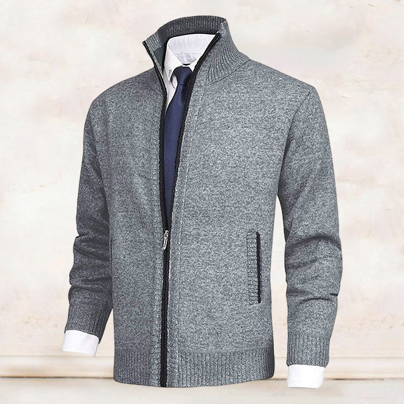 Cardigan - Knit Blend Stand Collar And Layered Neat Fit