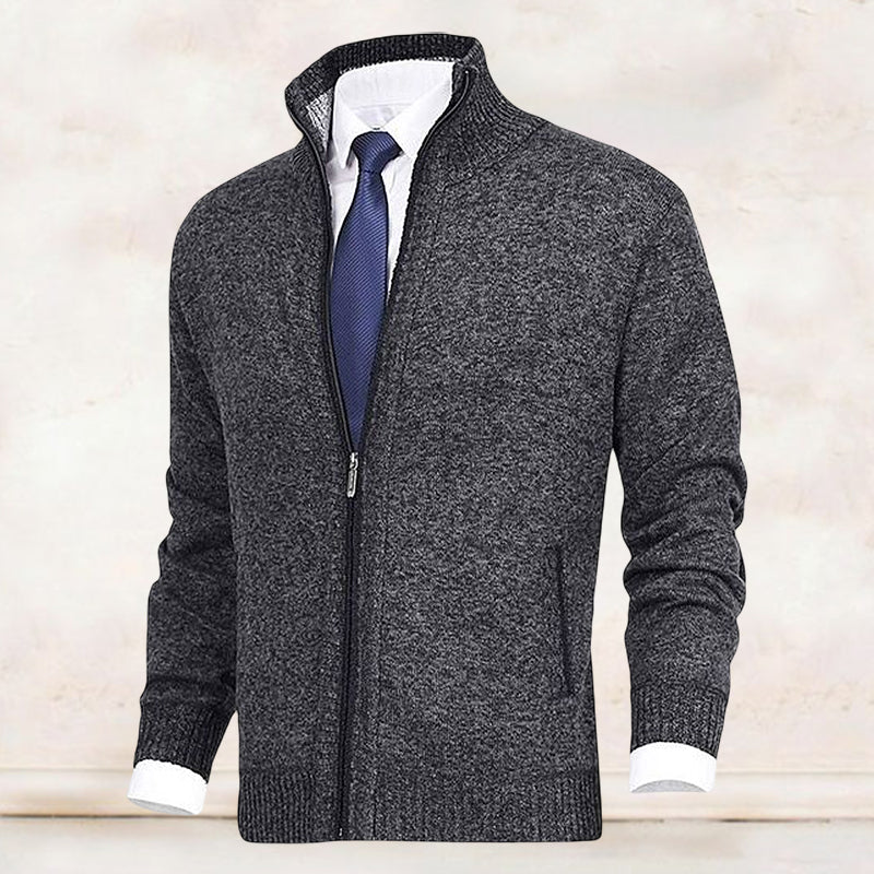 Cardigan - Knit Blend Stand Collar And Layered Neat Fit
