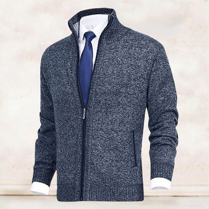 Cardigan - Knit Blend Stand Collar And Layered Neat Fit