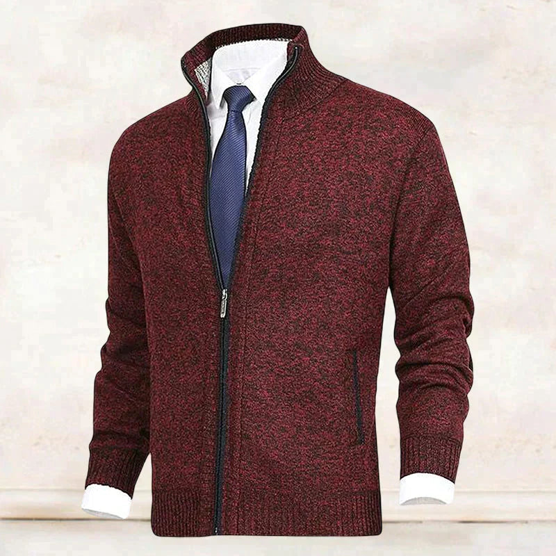 Cardigan - Knit Blend Stand Collar And Layered Neat Fit