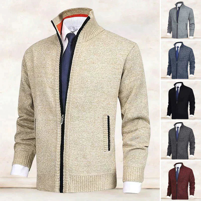Cardigan - Knit Blend Stand Collar And Layered Neat Fit