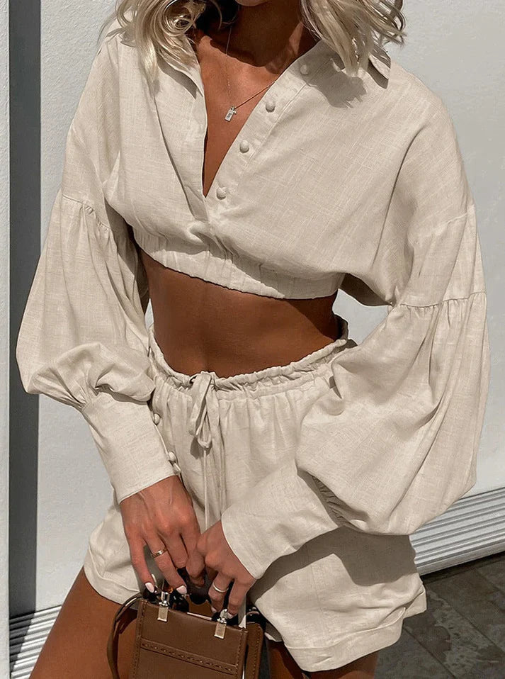 Casual Set – Soft-Blend Lacing Neckline & Adjustable Fit
