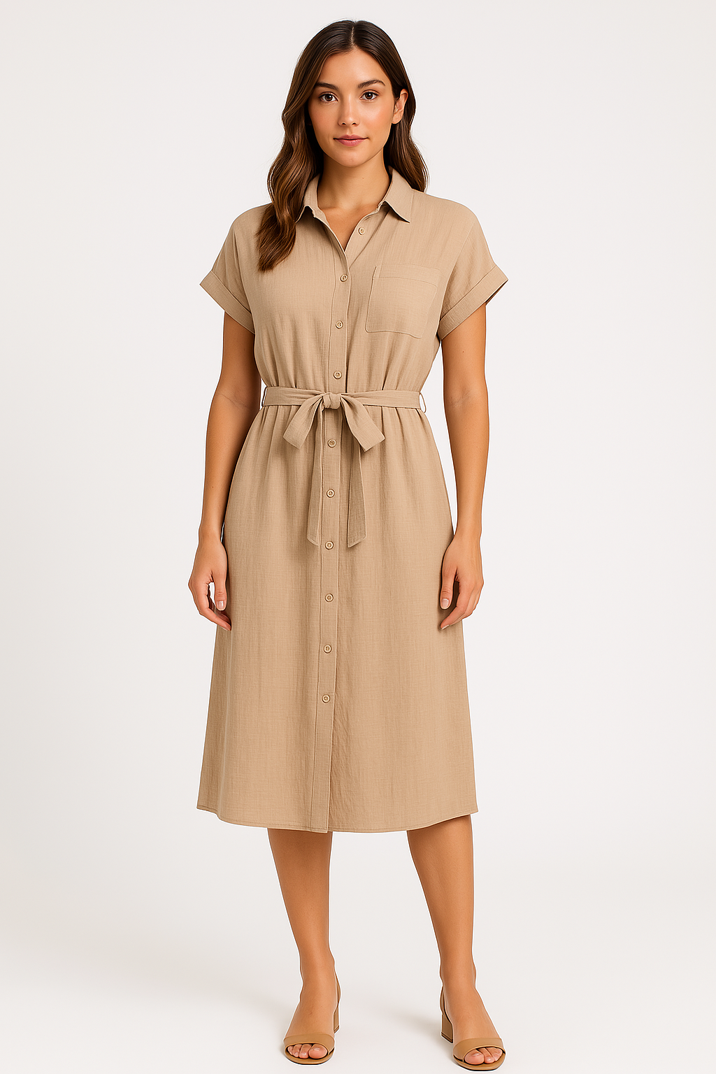 Variant image for Women's Cotton Shirt Midi Dress with Tie Waist-1