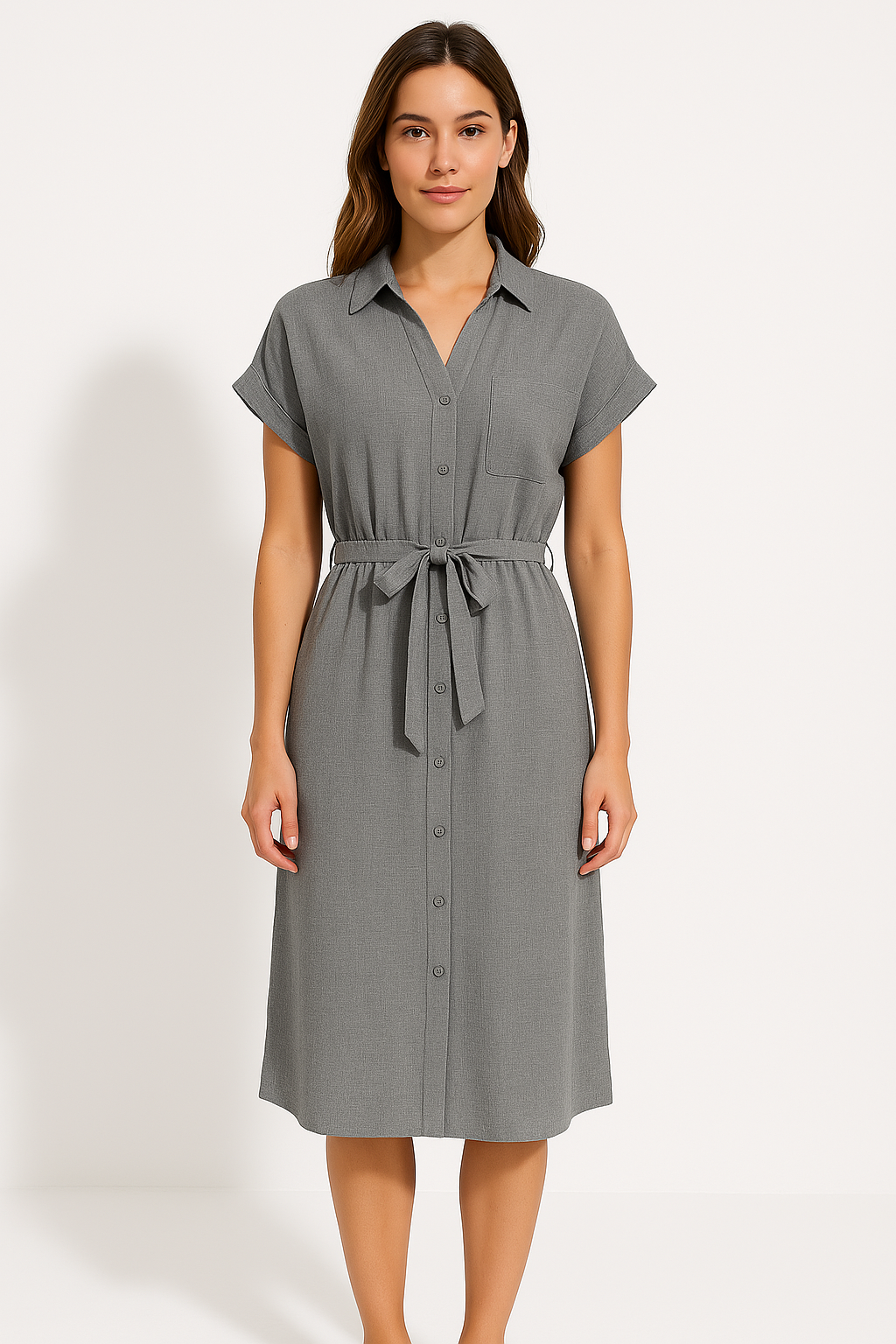 Women's Cotton Shirt Midi Dress with Tie Waist-2
