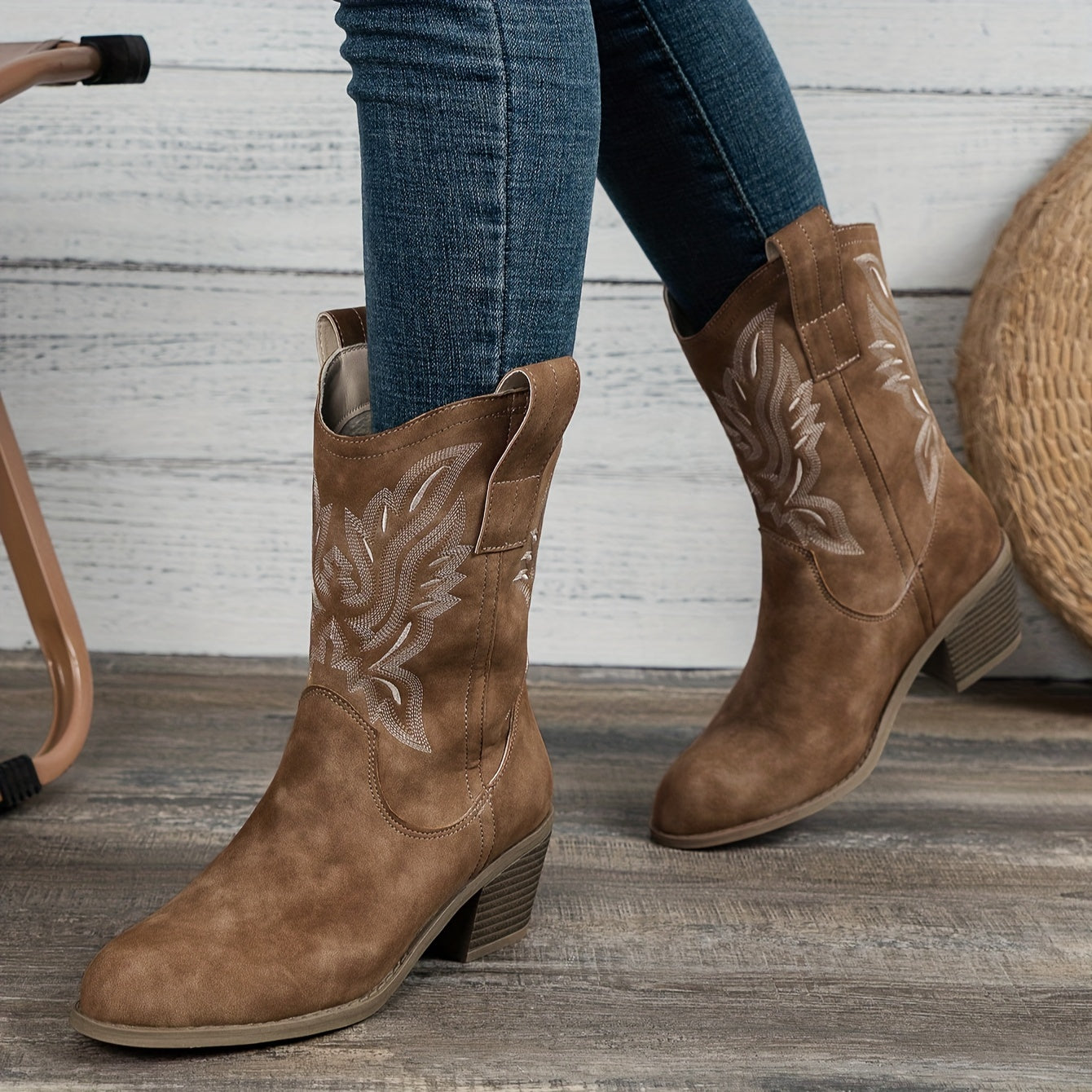 Cowboy Boots - Polyester Blend Chunky Heel and Steady Base