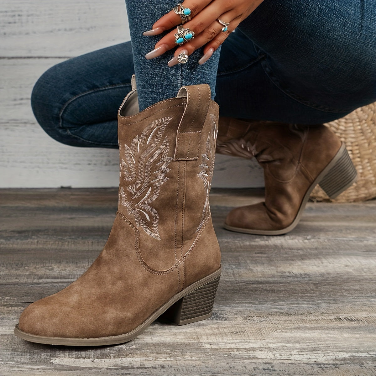 Cowboy Boots - Polyester Blend Chunky Heel and Steady Base