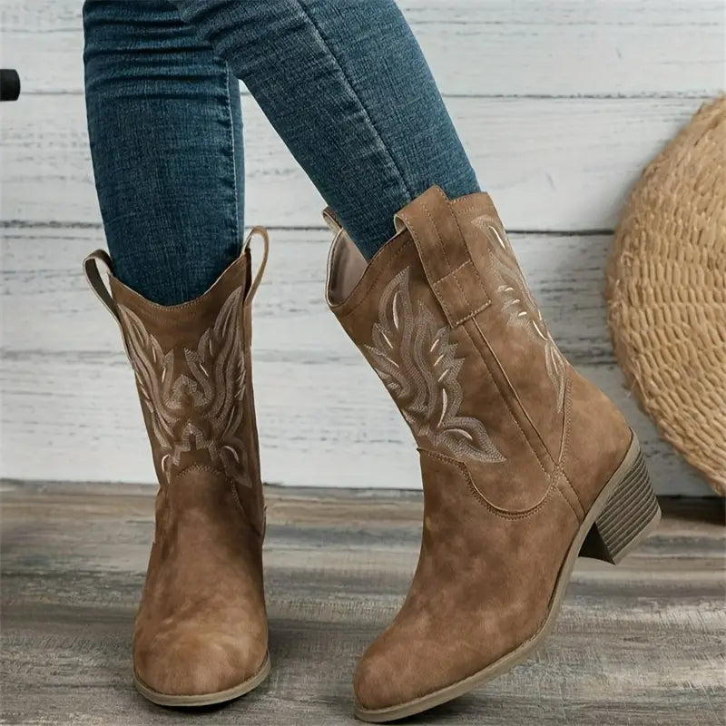 Cowboy Boots - Polyester Blend Chunky Heel and Steady Base