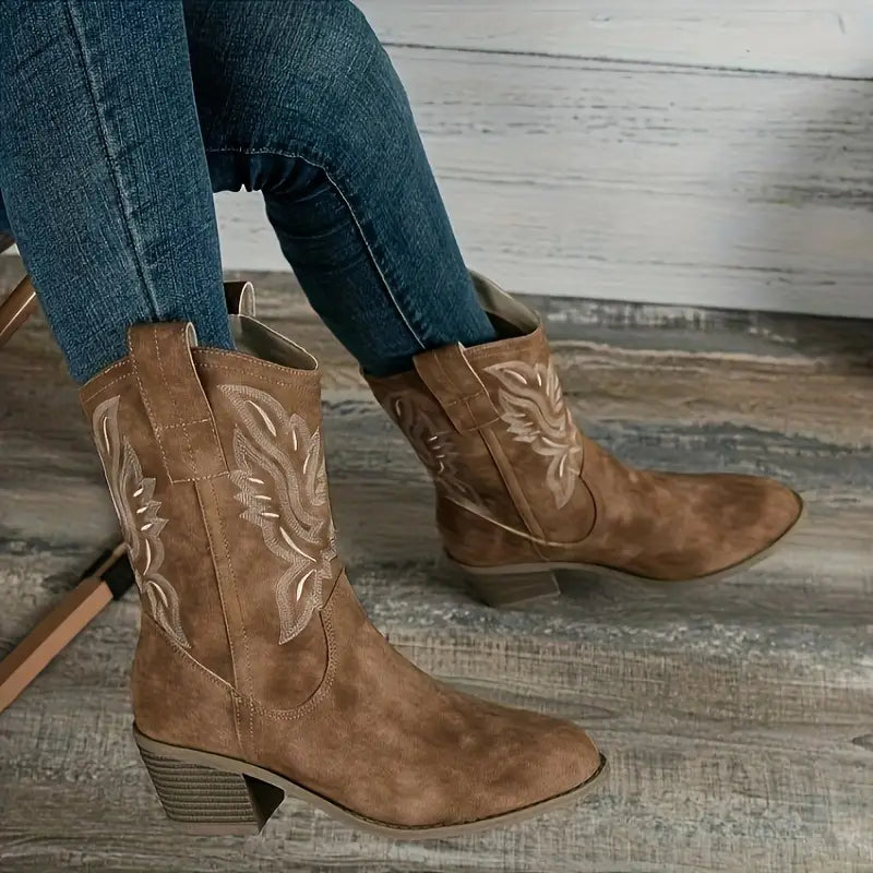 Cowboy Boots - Polyester Blend Chunky Heel and Steady Base