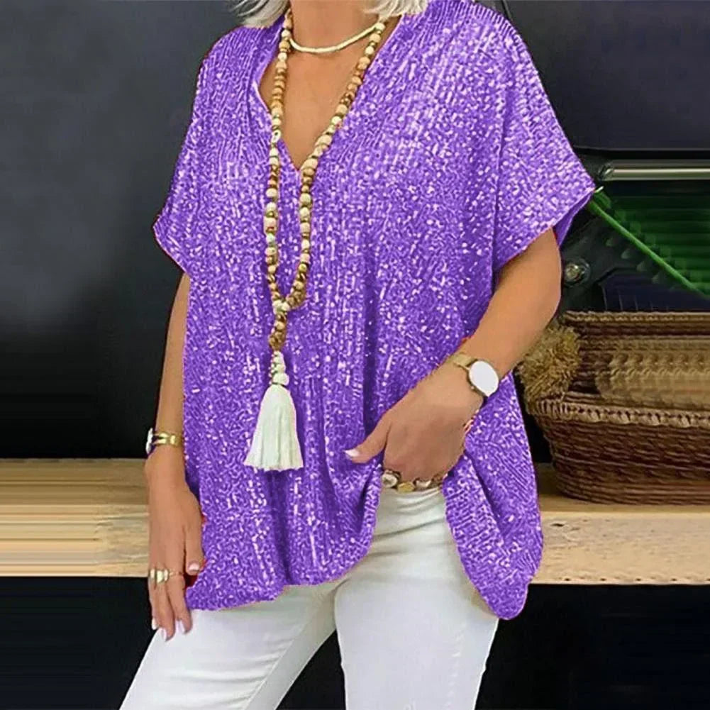 Women's Sequin V-Neck T-Shirt-4