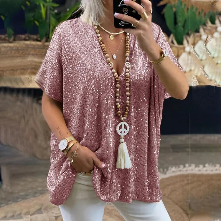 Women's Sequin V-Neck T-Shirt-2