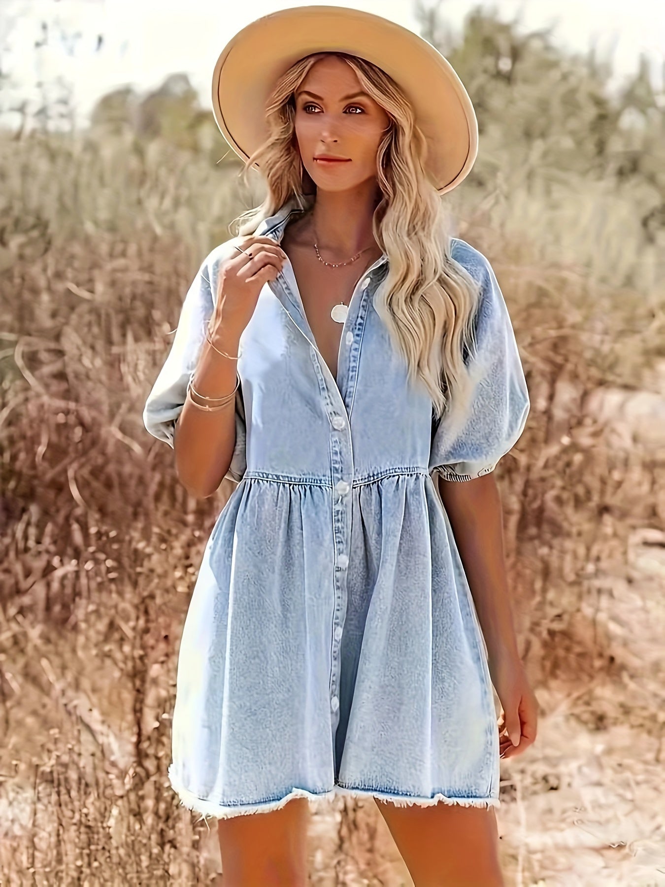 Denim Blend Dress - Pof Sleeves & Easy Arm Movement