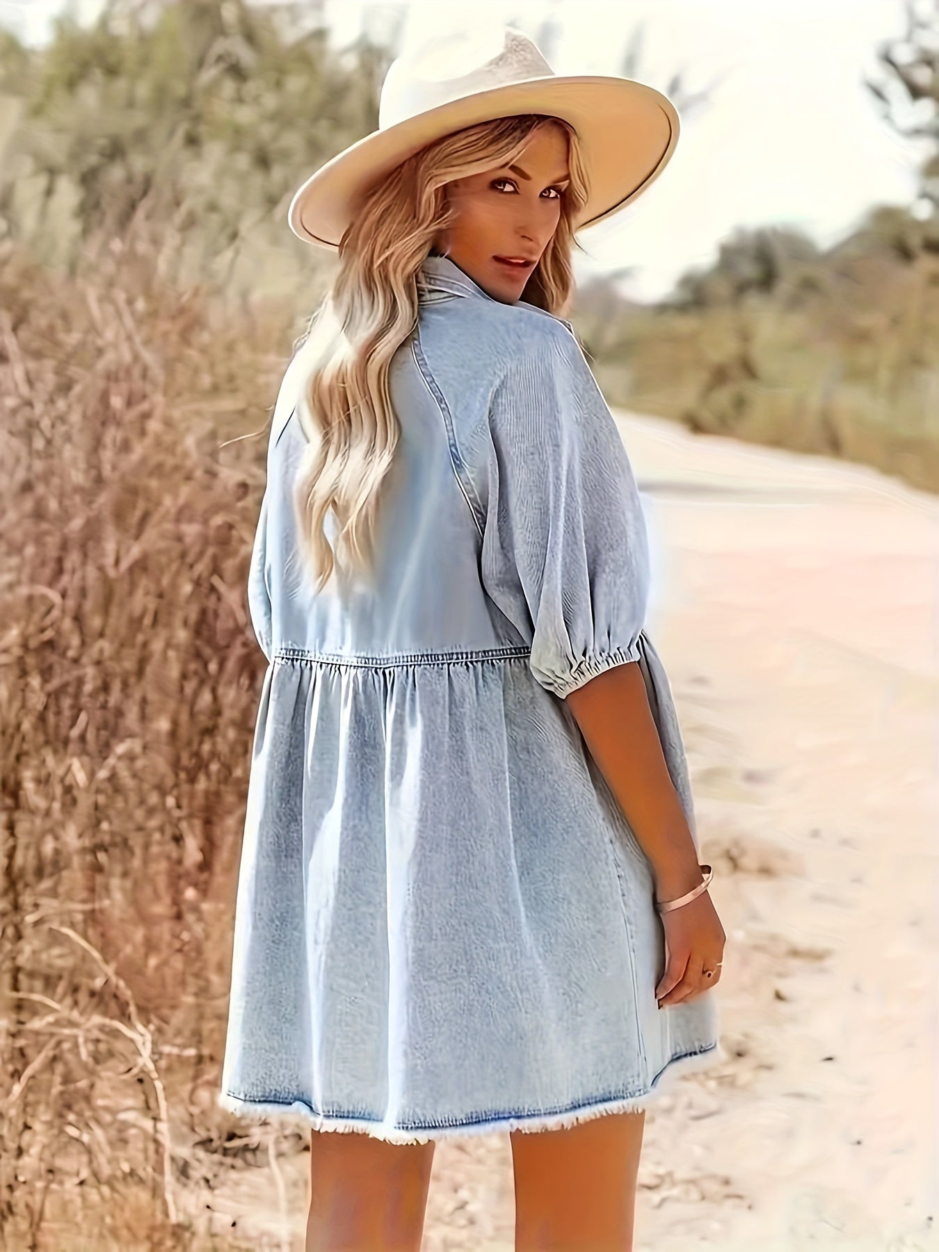 Denim Blend Dress - Pof Sleeves & Easy Arm Movement