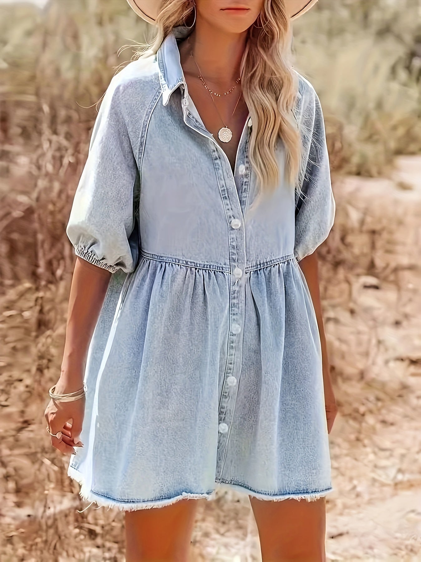 Denim Blend Dress - Pof Sleeves & Easy Arm Movement