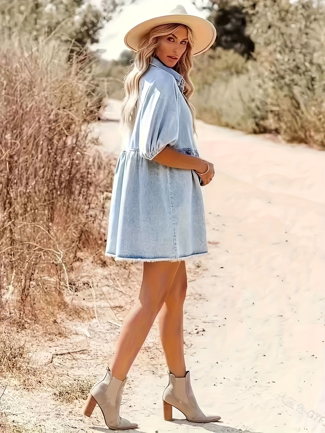 Denim Blend Dress - Pof Sleeves & Easy Arm Movement