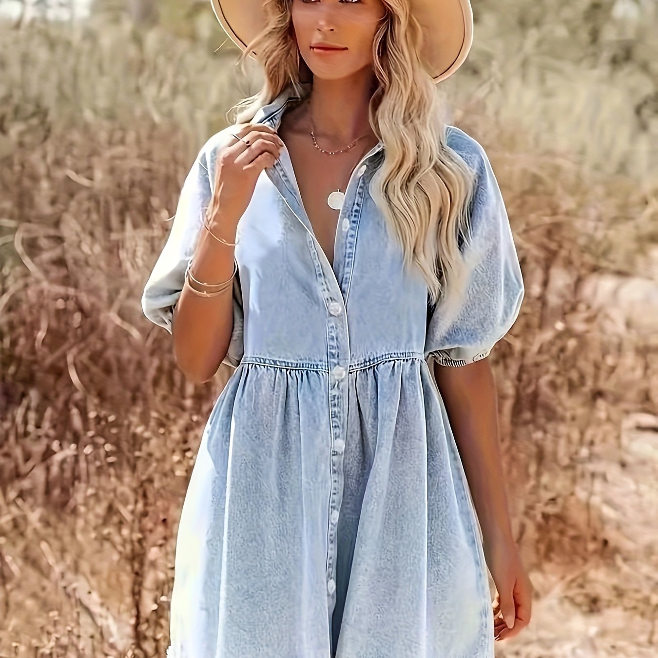 Denim Blend Dress - Pof Sleeves & Easy Arm Movement