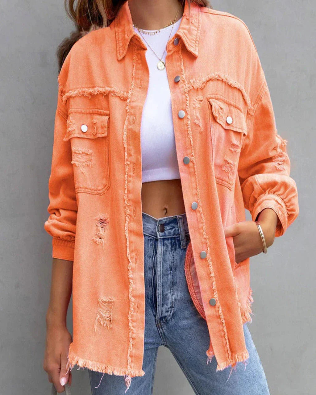 Denim Jacket - Tattered Texture & Soft Blend Comfort